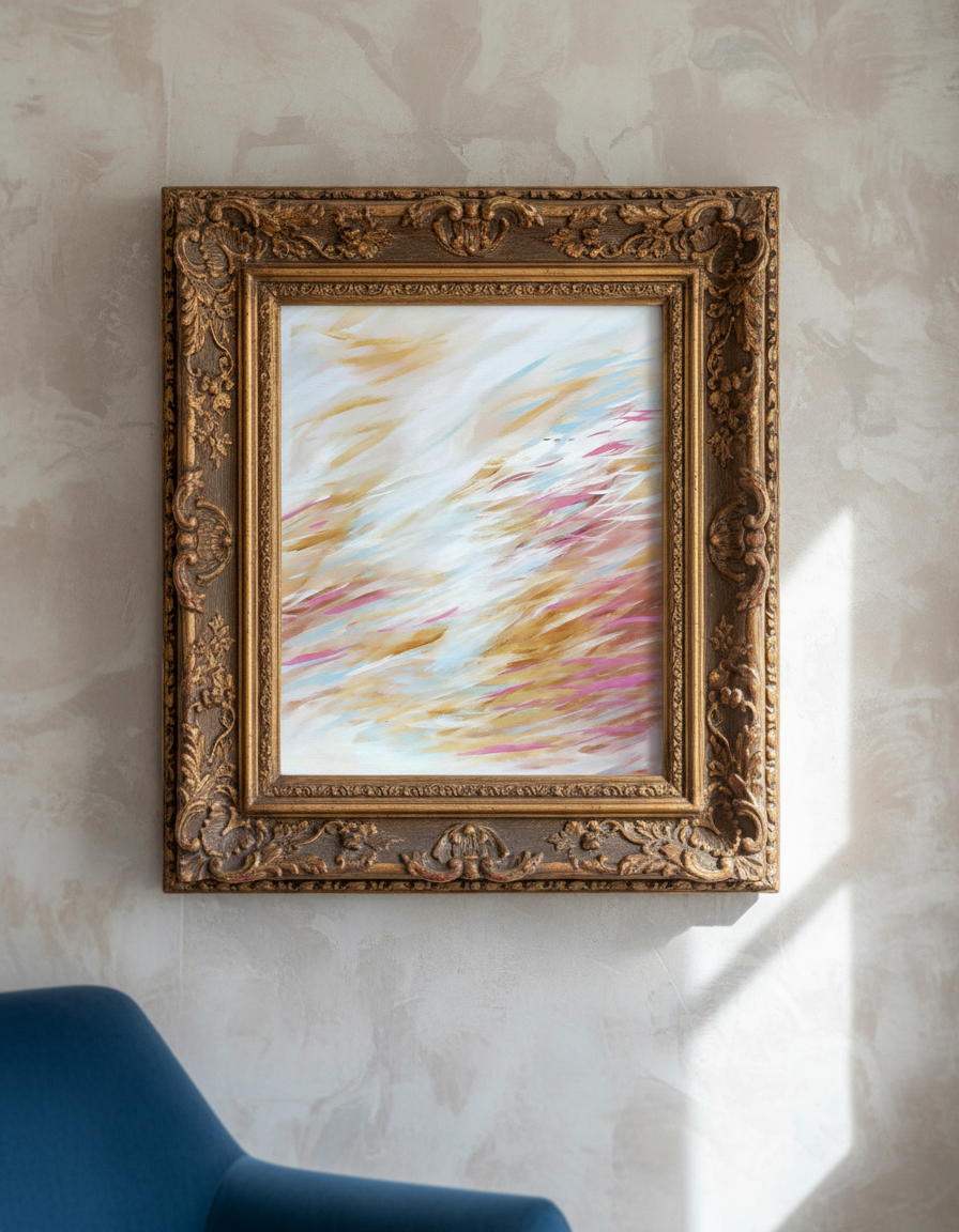Gold ornate framed abstract painting on textured wall above blue chair