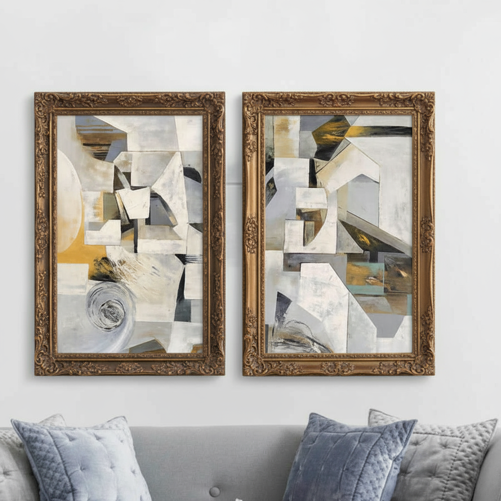 Two abstract paintings in ornate gold frames above gray sofa