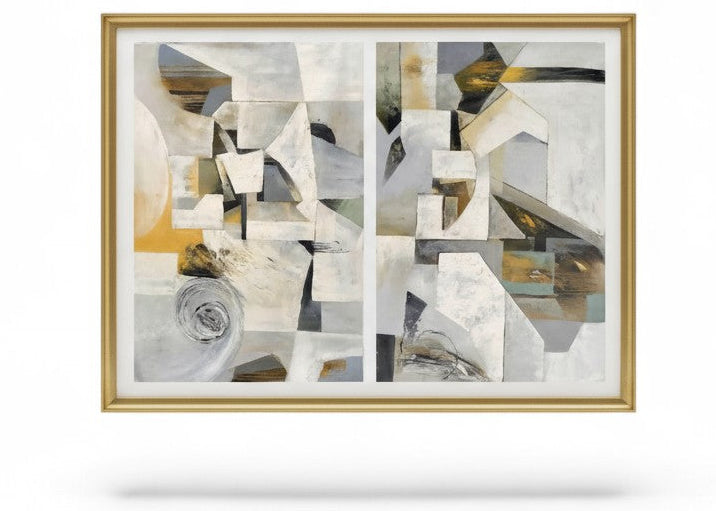 Abstract diptych painting in gold frame with gray yellow shapes