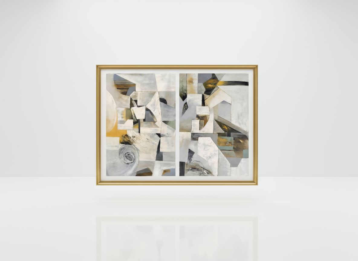 Abstract diptych artwork in gold frame on white wall decor