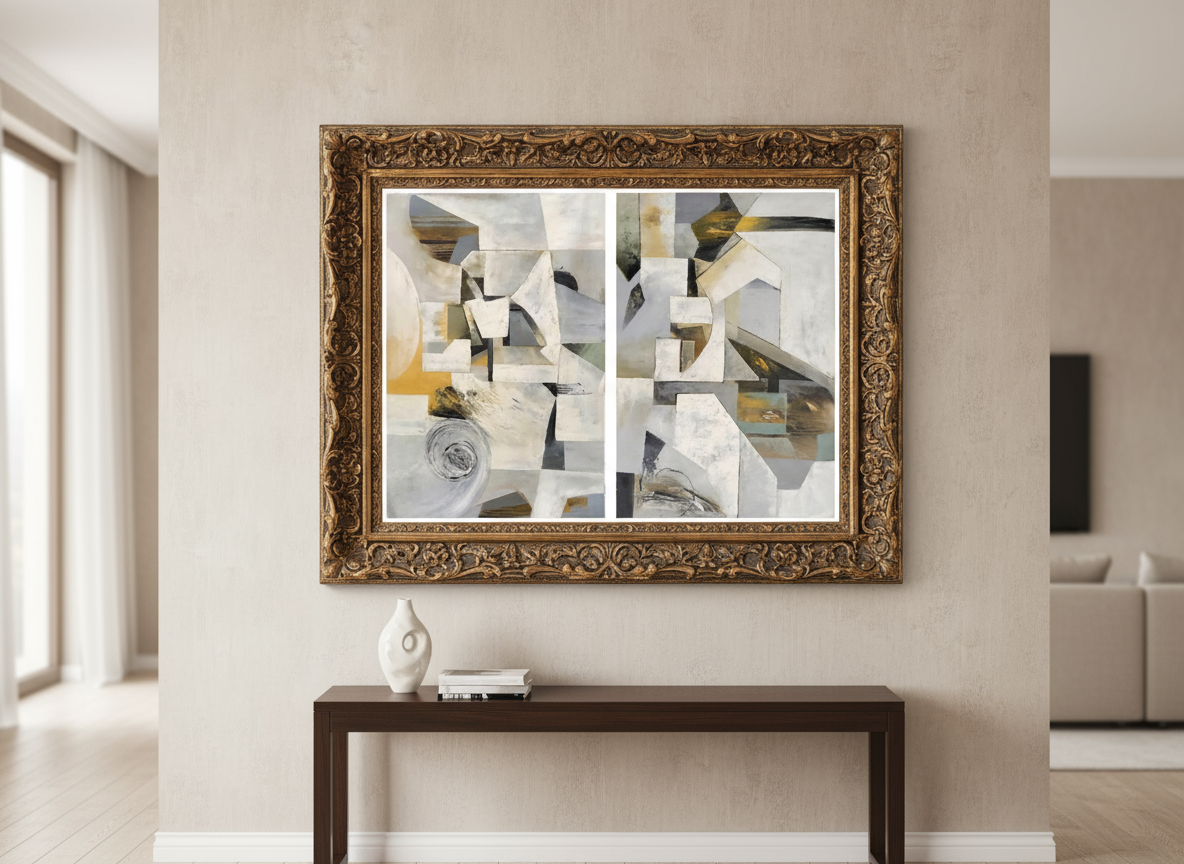 Abstract painting in ornate gold frame above dark console table