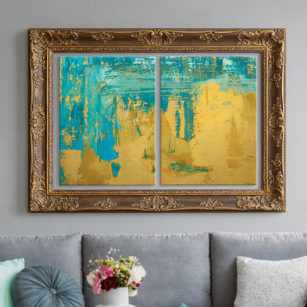 Living room view, gold framed abstract painting, gray sofa, colorful pillows, flowers, home decor, modern furniture