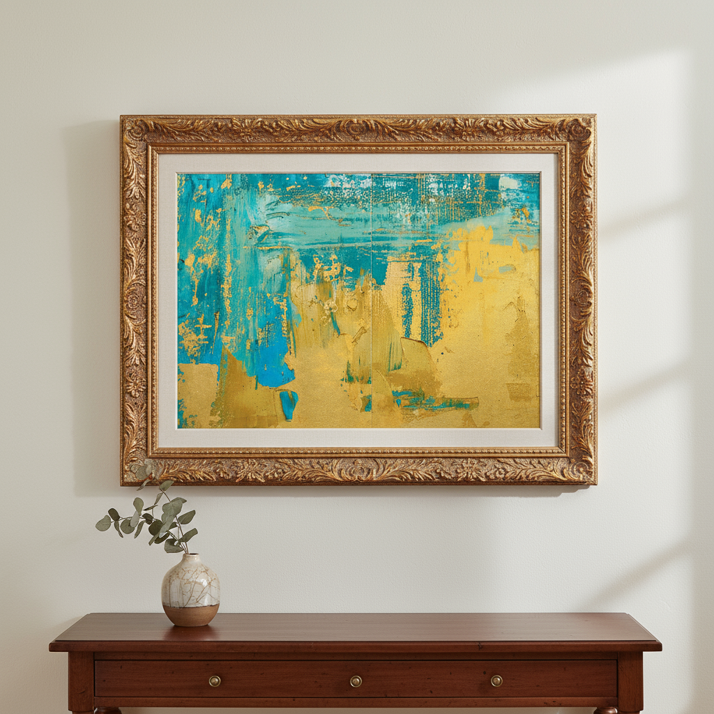 View of abstract painting with gold and teal colors in ornate frame above wood console table with small vase and greenery. 