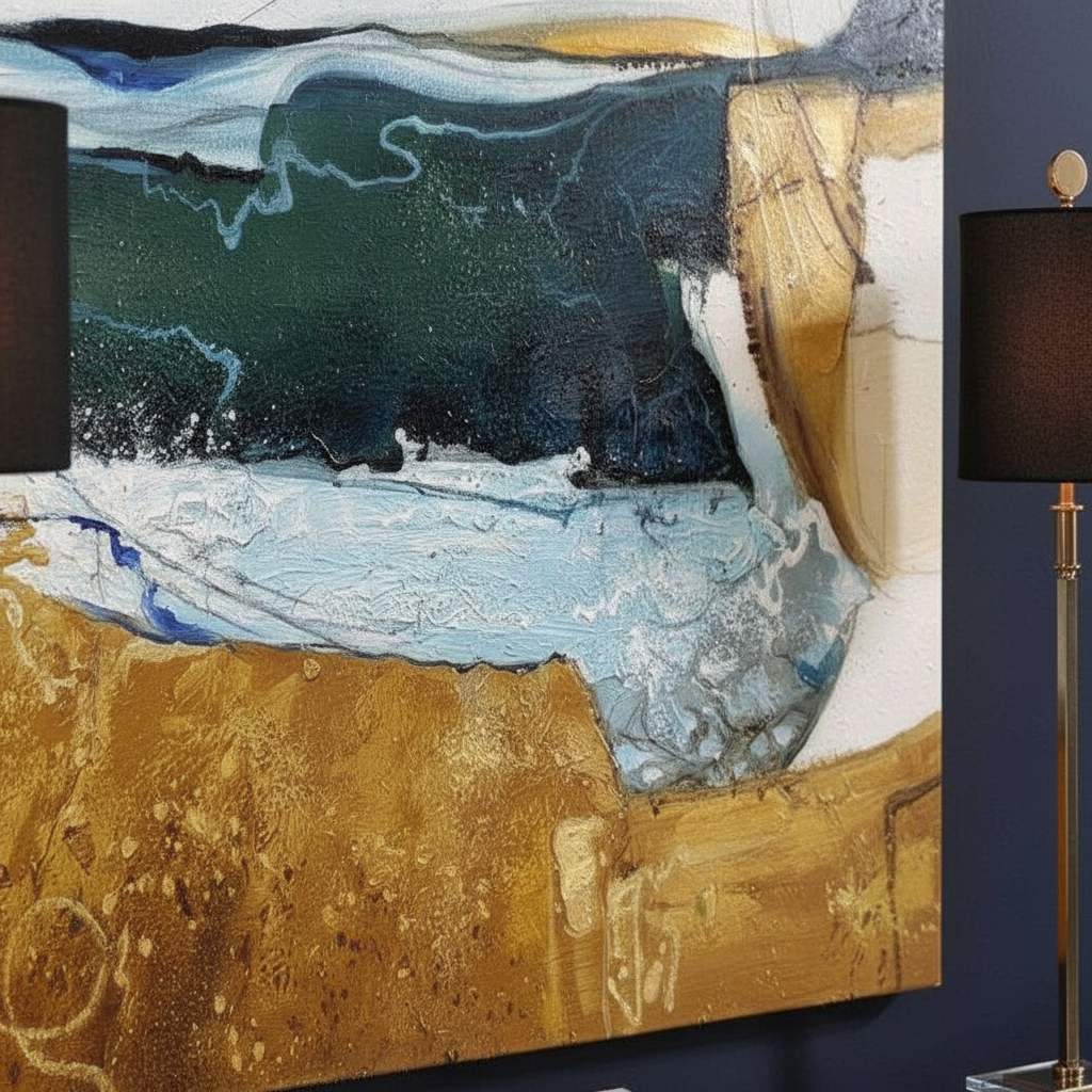 Abstract painting with gold, blue, white, and dark green colors