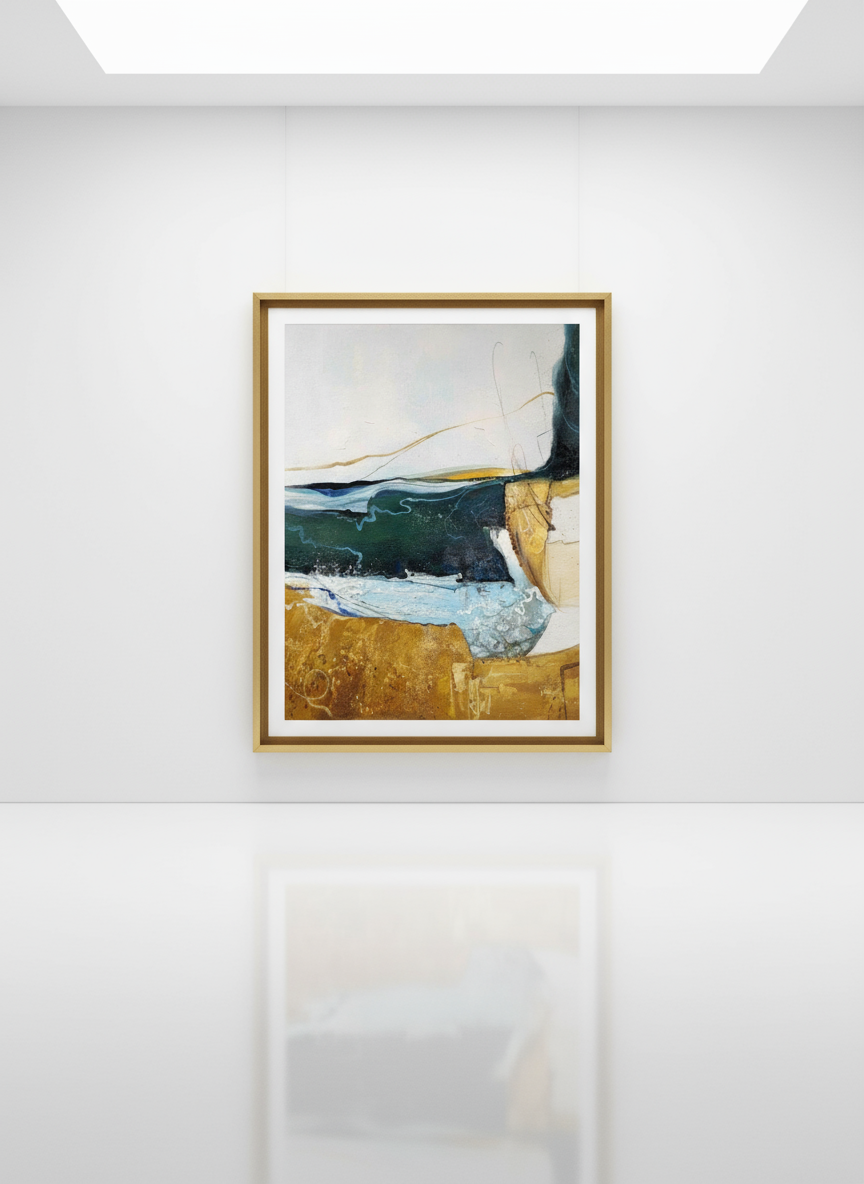 Abstract painting in gold frame hanging on white gallery wall