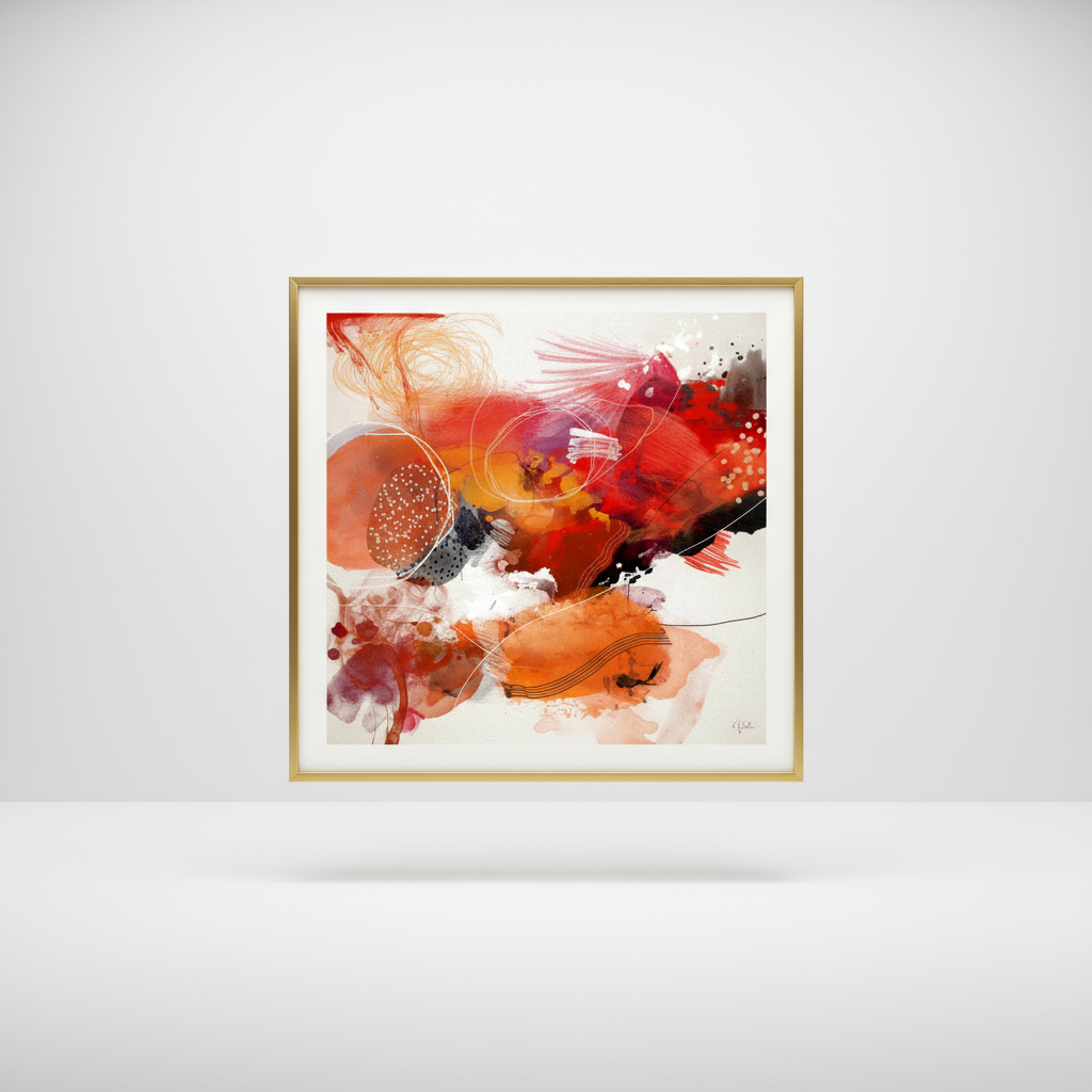 Abstract painting with red orange colors in gold frame