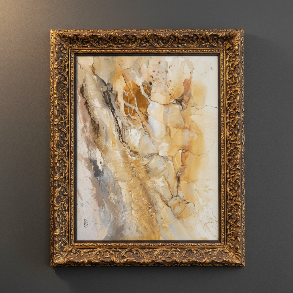 Abstract painting in ornate gold frame hanging on gray wall