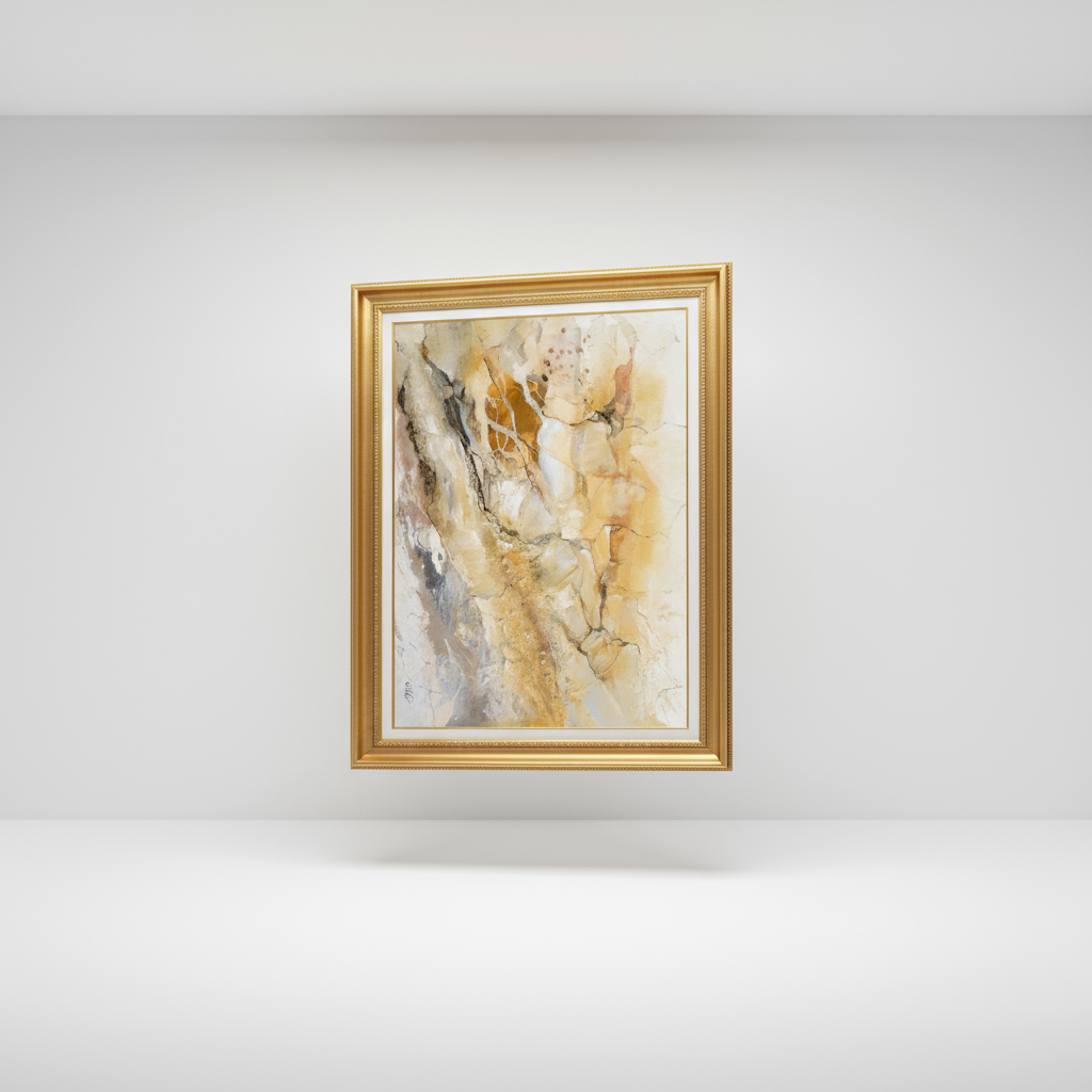 Abstract painting in gold frame floating against white wall decor