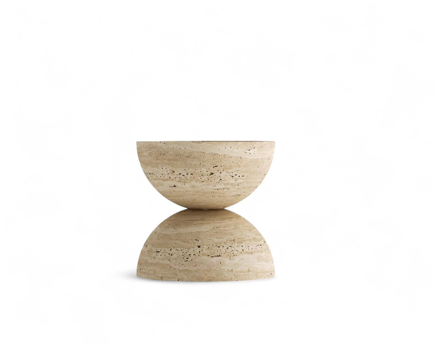 View of beige travertine stone side table shaped like an hourglass, furniture, decor, modern design, stone furniture, sculptural table, natural stone, hourglass shape, side table, accent table, small table, contemporary furniture