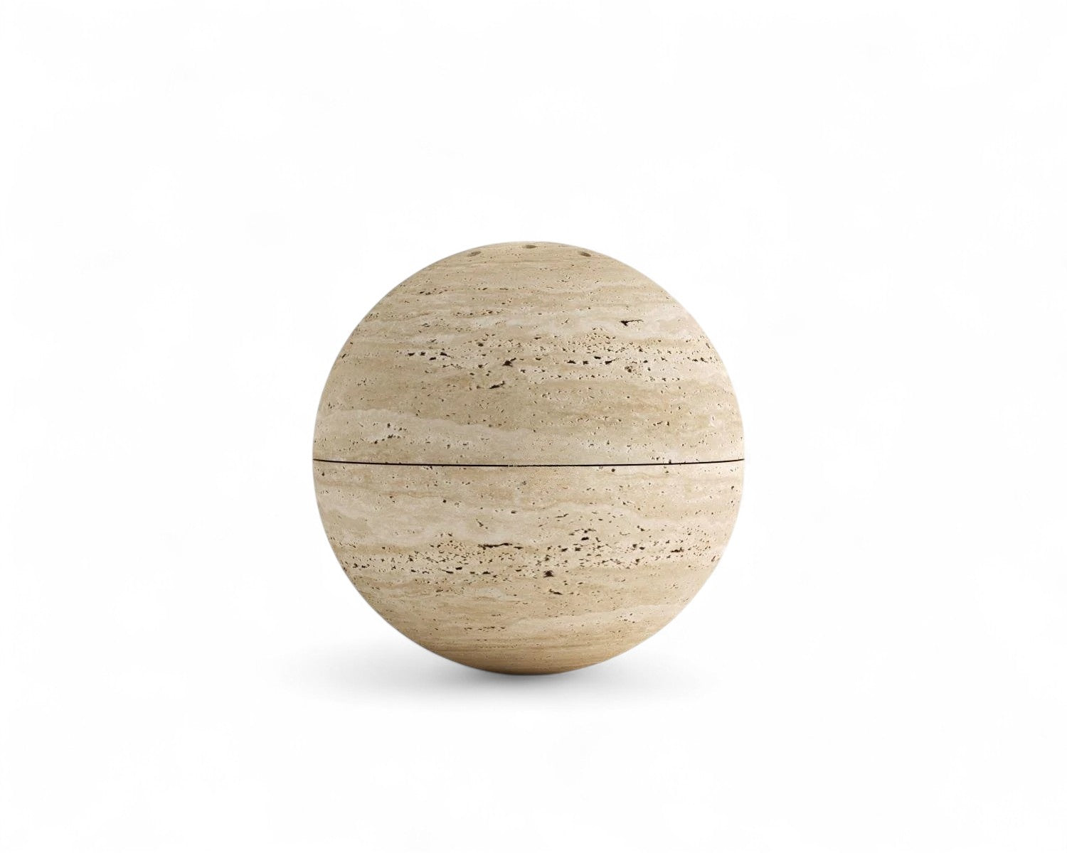 Travertine stone sphere decor with horizontal seam on white background