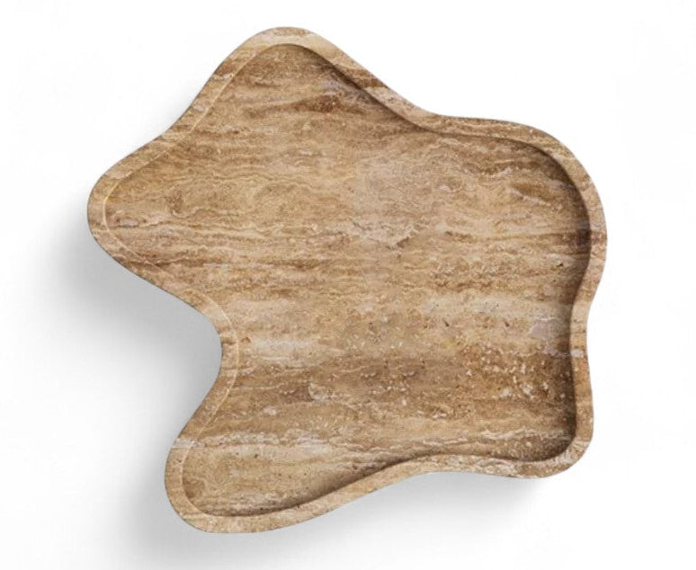 Overhead view of brown travertine stone decorative tray on white background. 