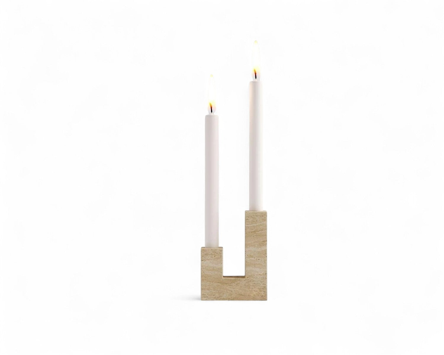 Travertine stone modern double candlestick holder with lit white candles