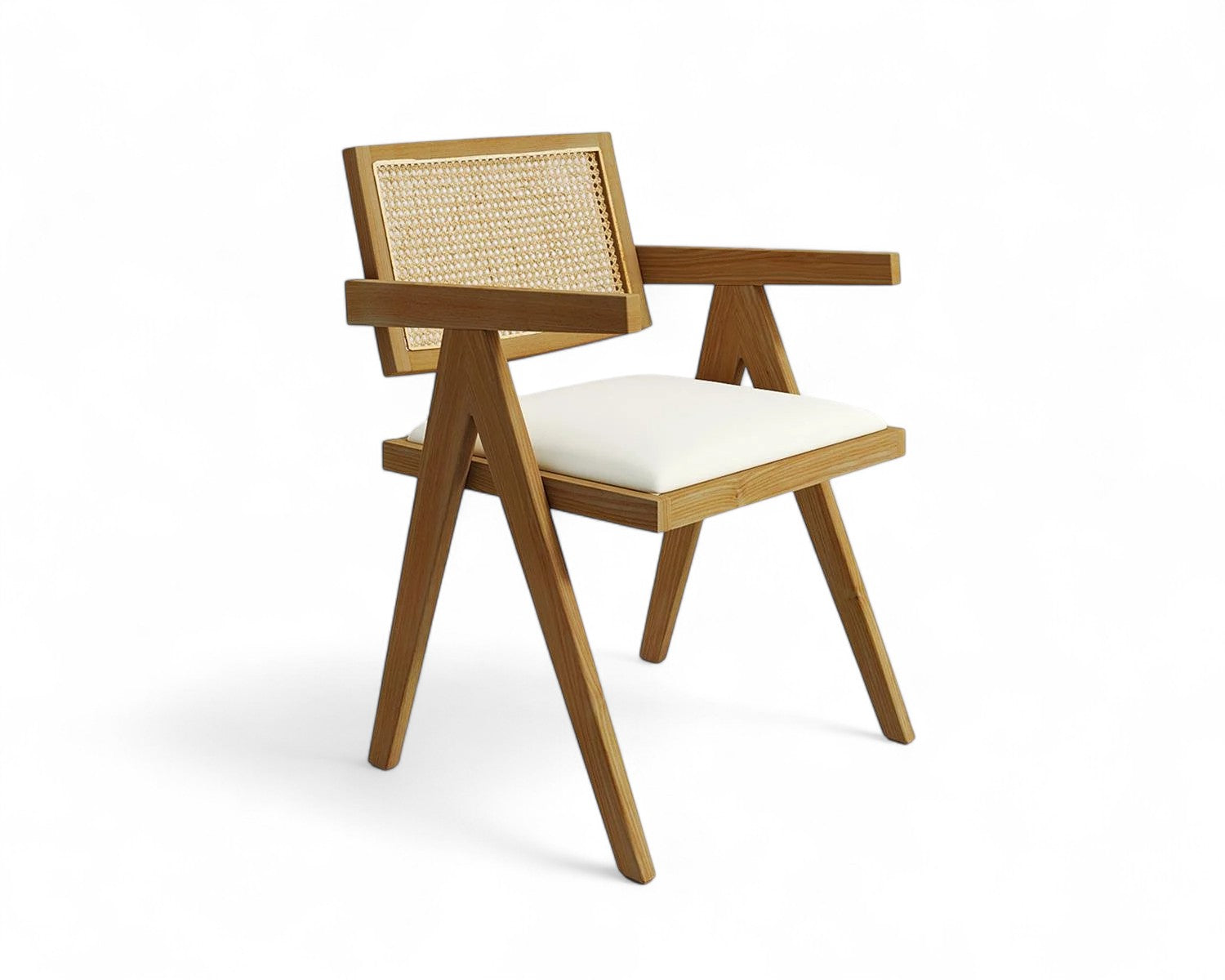 Wooden armchair with cane back and white cushion on white background