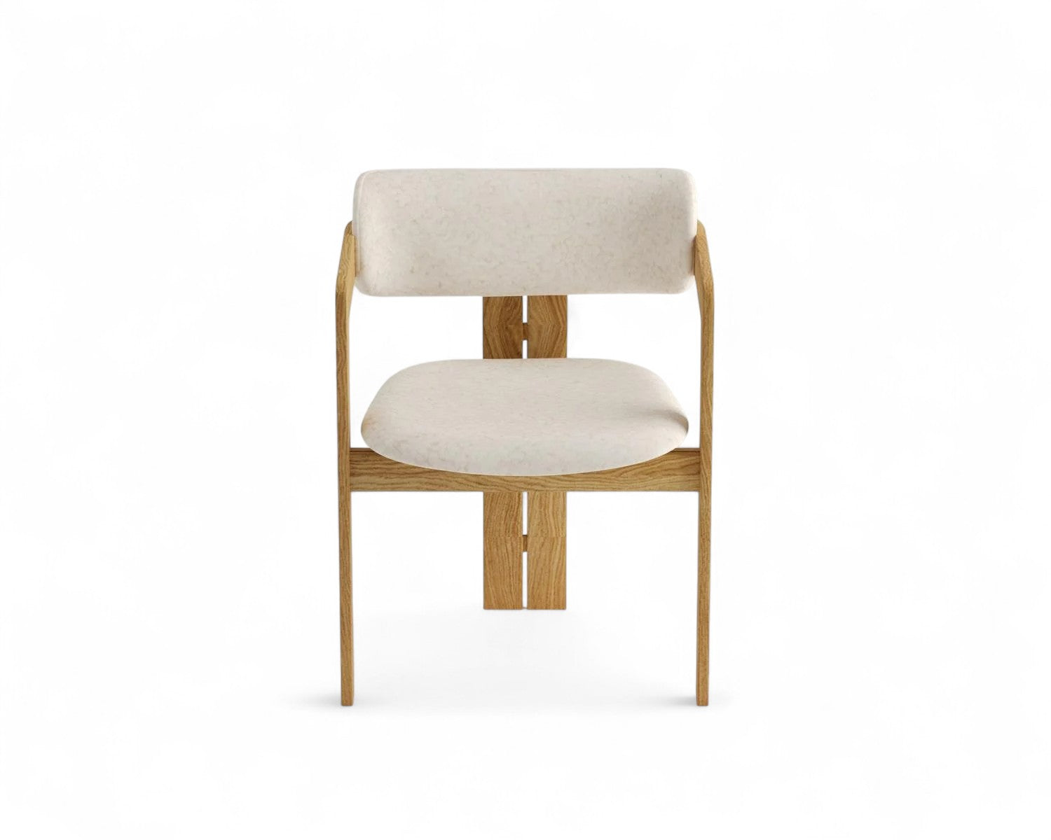 Front view of wooden chair with white upholstered seat and back