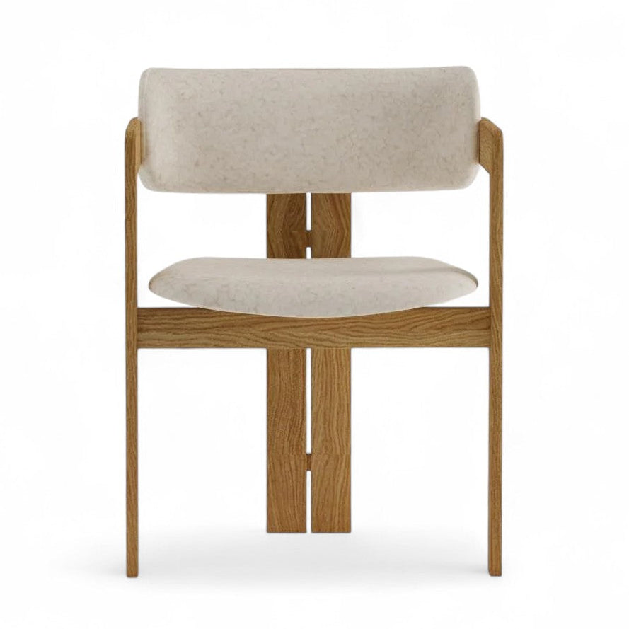 Front view wooden chair with cream upholstered seat and backrest
