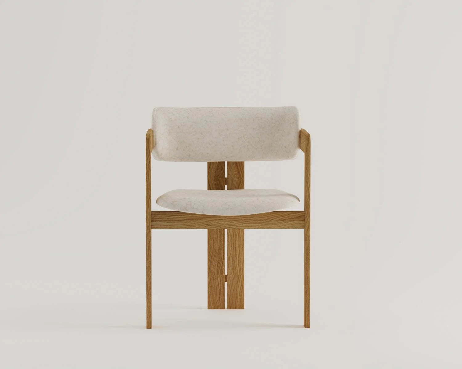 Wooden chair with light fabric seat and backrest against white background