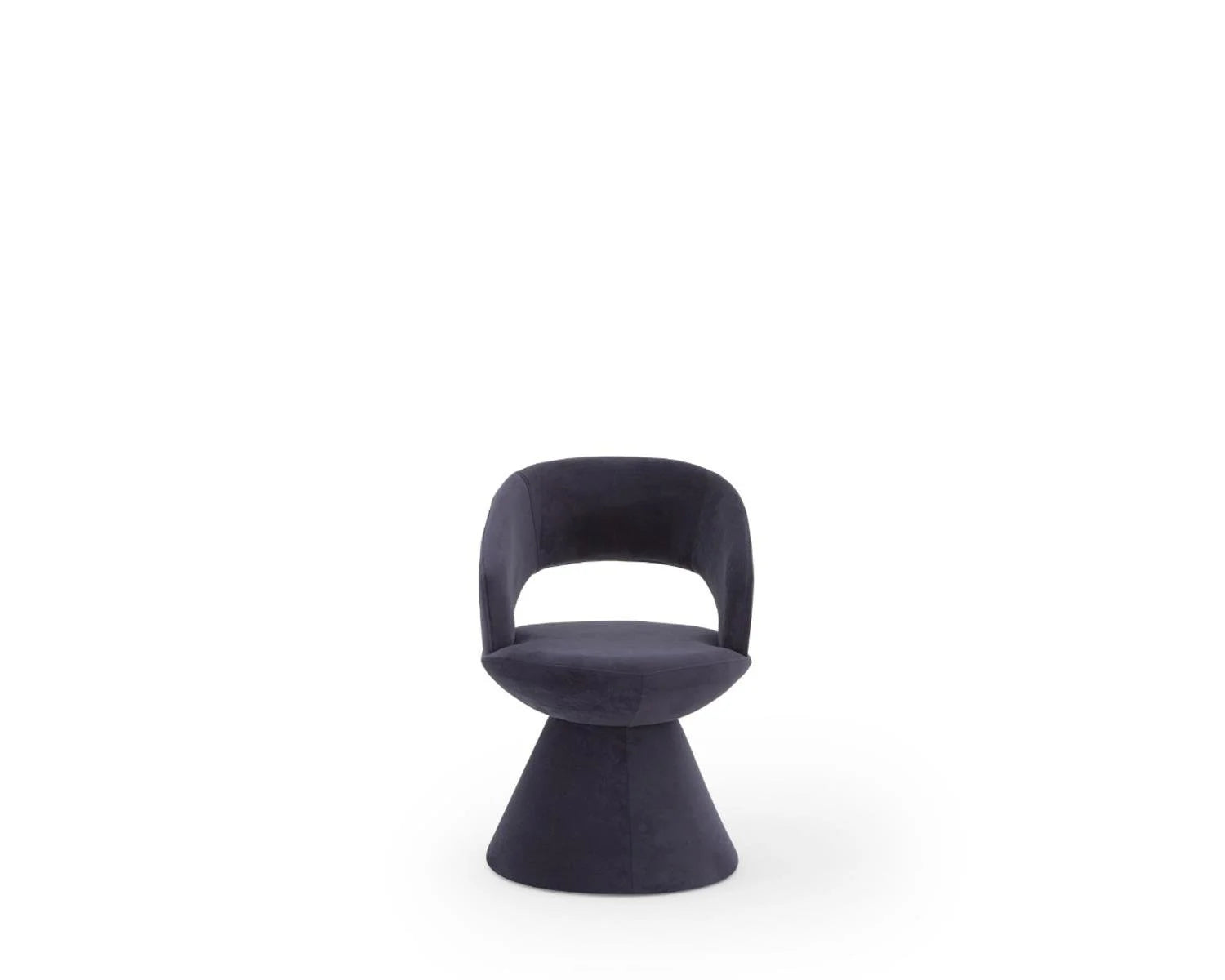 Studio shot of dark gray velvet swivel chair with conical base
