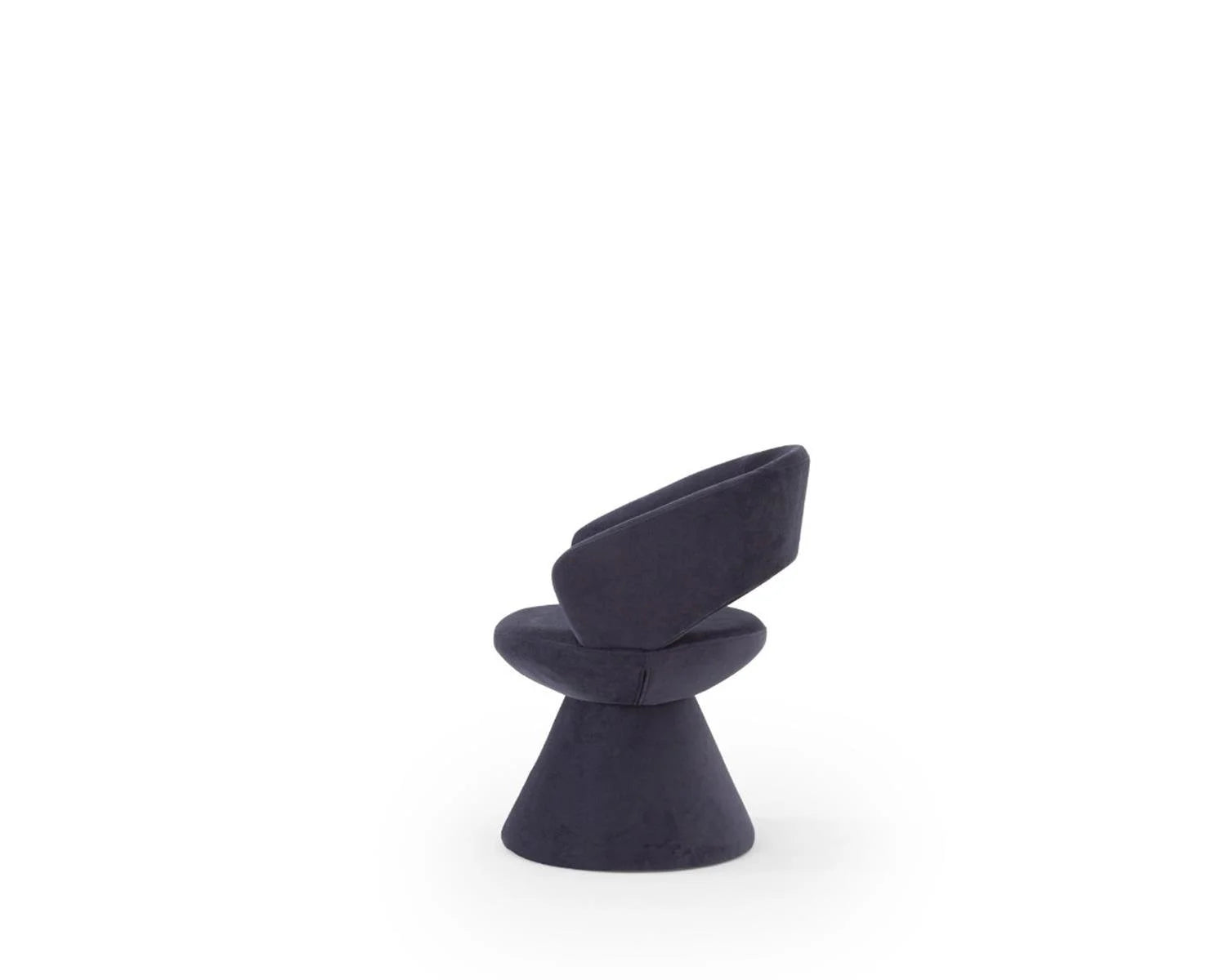 View of a dark blue velvet swivel chair with a conical base on a white background.

