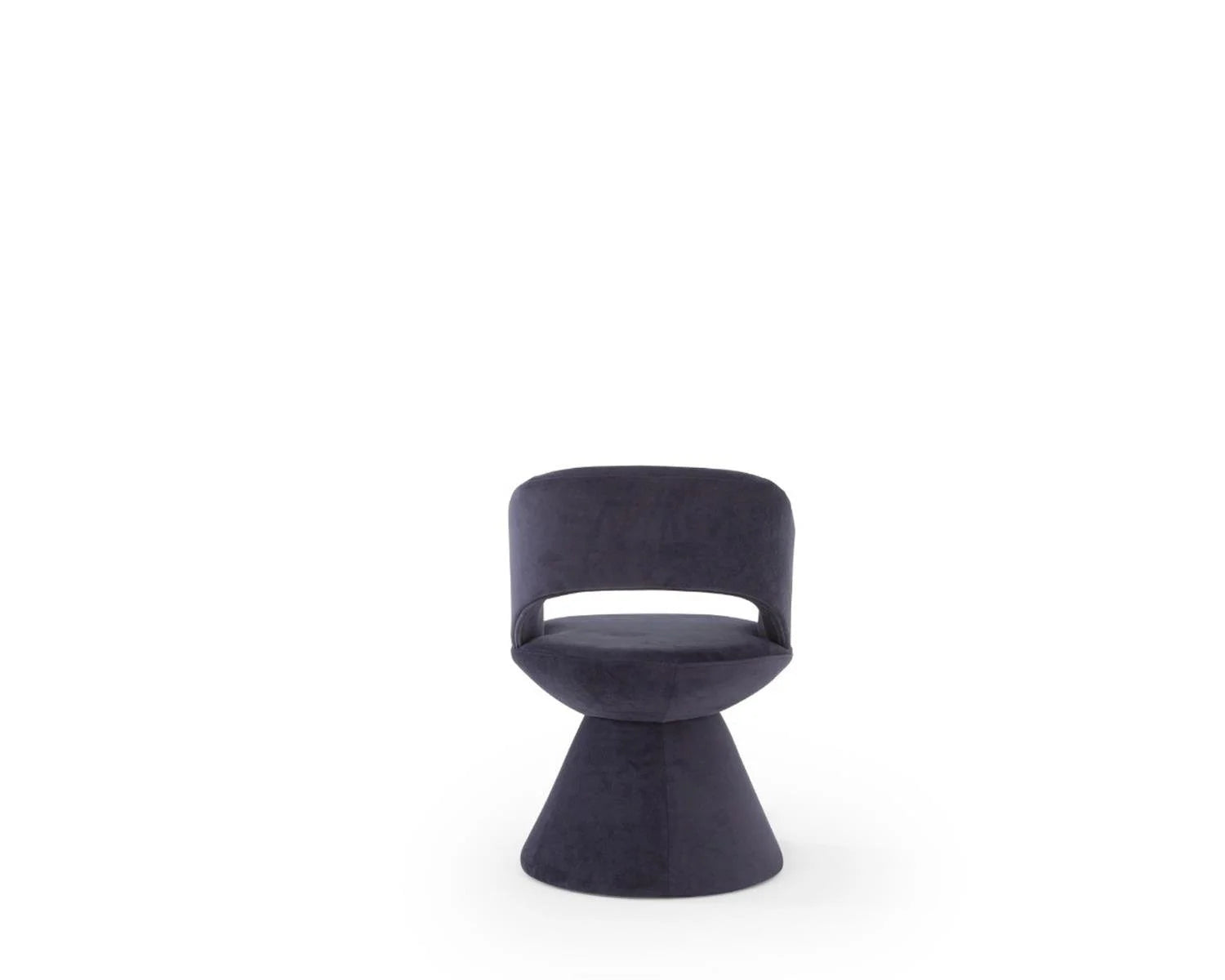 View of a dark gray velvet upholstered swivel chair on white background. Furniture, seating, velvet chair, swivel chair, modern design, home decor, interior design, dark gray furniture, upholstered chair, accent chair. Dark gray velvet swivel chair with conical base and cutout back.