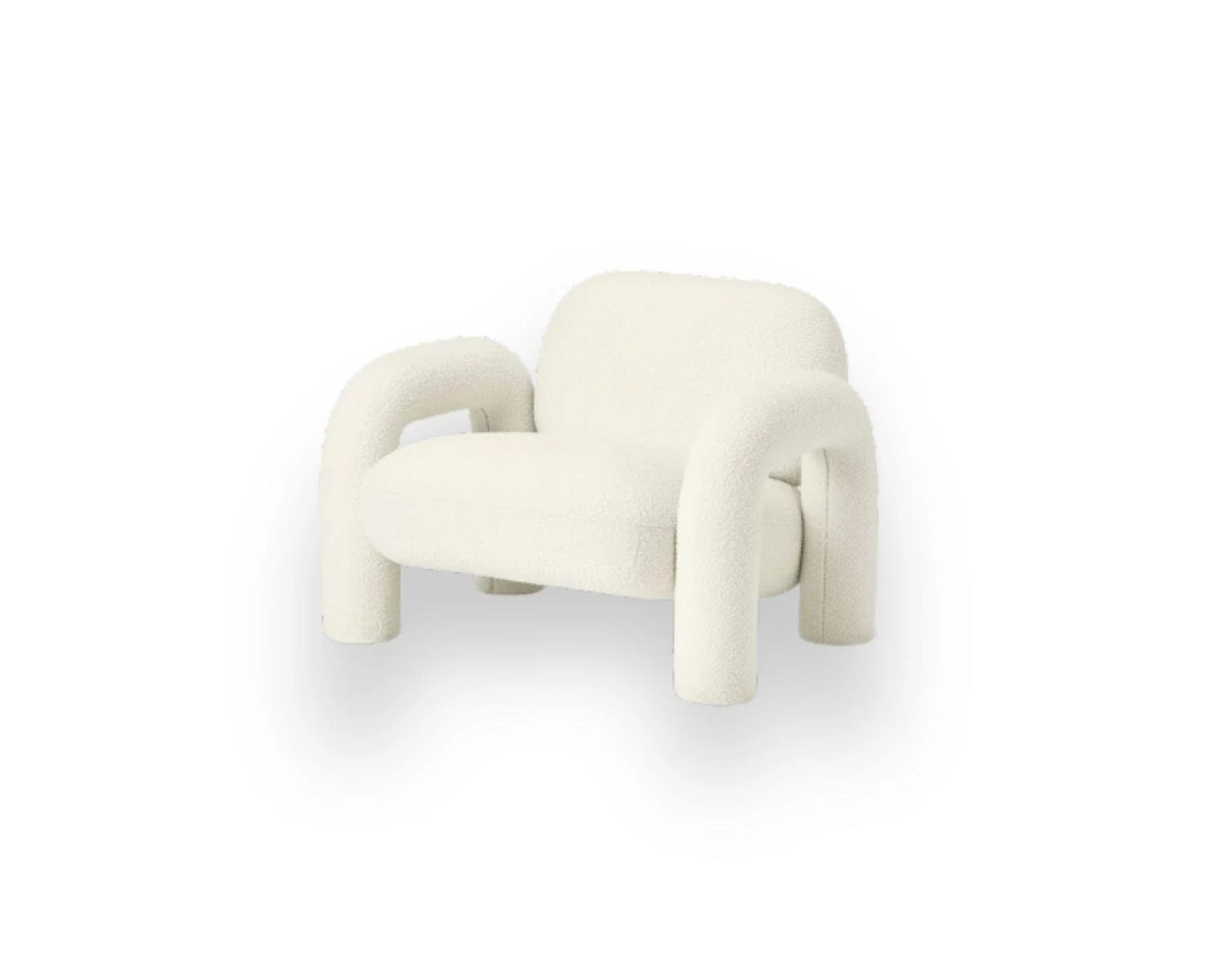 White boucle armchair with thick rounded arms and legs