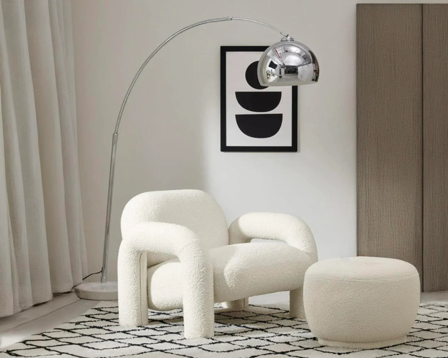 Interior view, white boucle armchair and ottoman, chrome arc floor lamp, geometric rug, modern living room furniture, abstract wall art