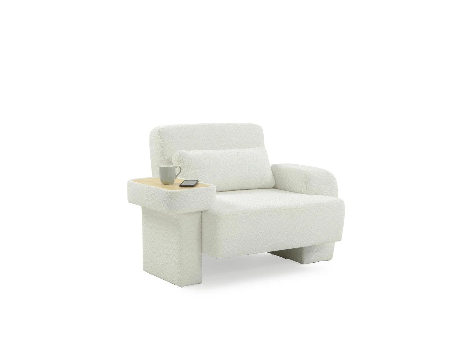 Studio shot of white boucle armchair with wood armrest table