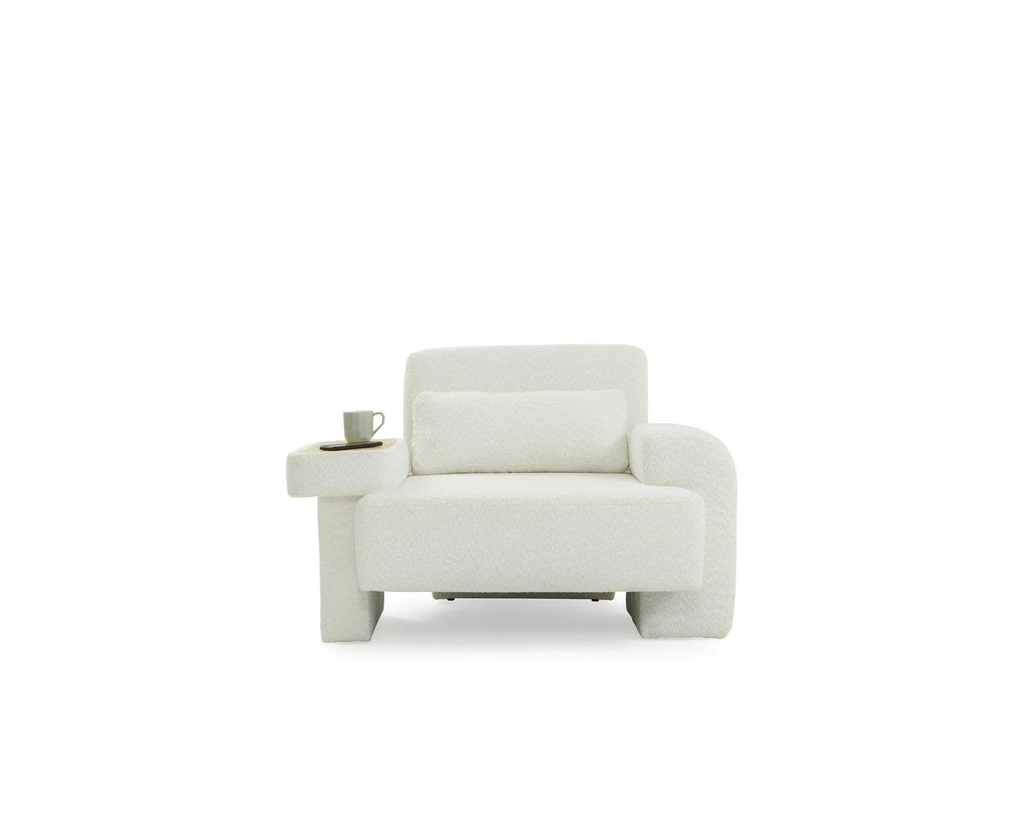 White boucle armchair with side table and coffee cup