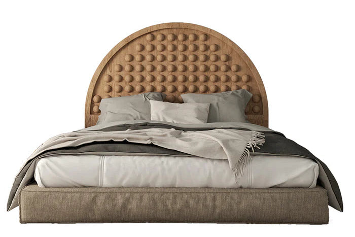 Front view of bed with wood arched headboard and textile base