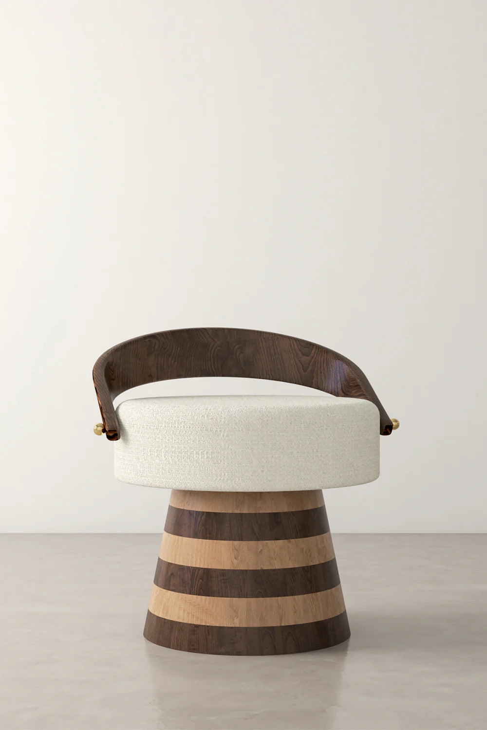 View of modern wood striped stool with white upholstered seat and curved wood backrest. 