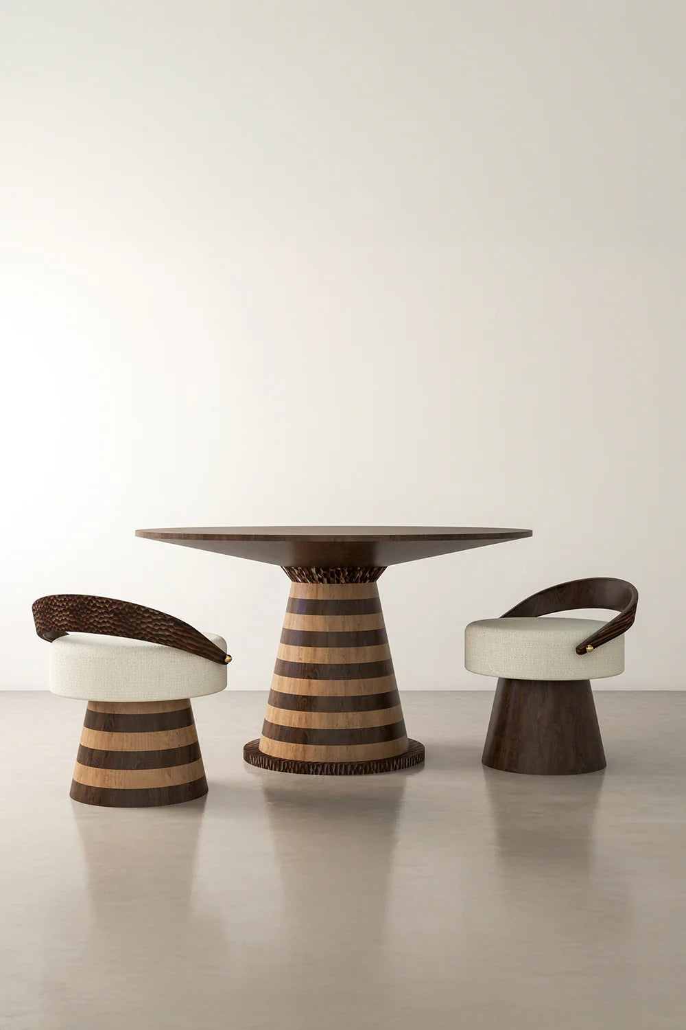 Indoor accent chair with striped walnut-chestnut wood base, boucle teddy seat, and curved wooden backrest.