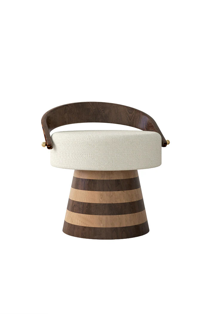 Indoor accent chair with striped walnut-chestnut wood base, boucle teddy seat, and curved wooden backrest.