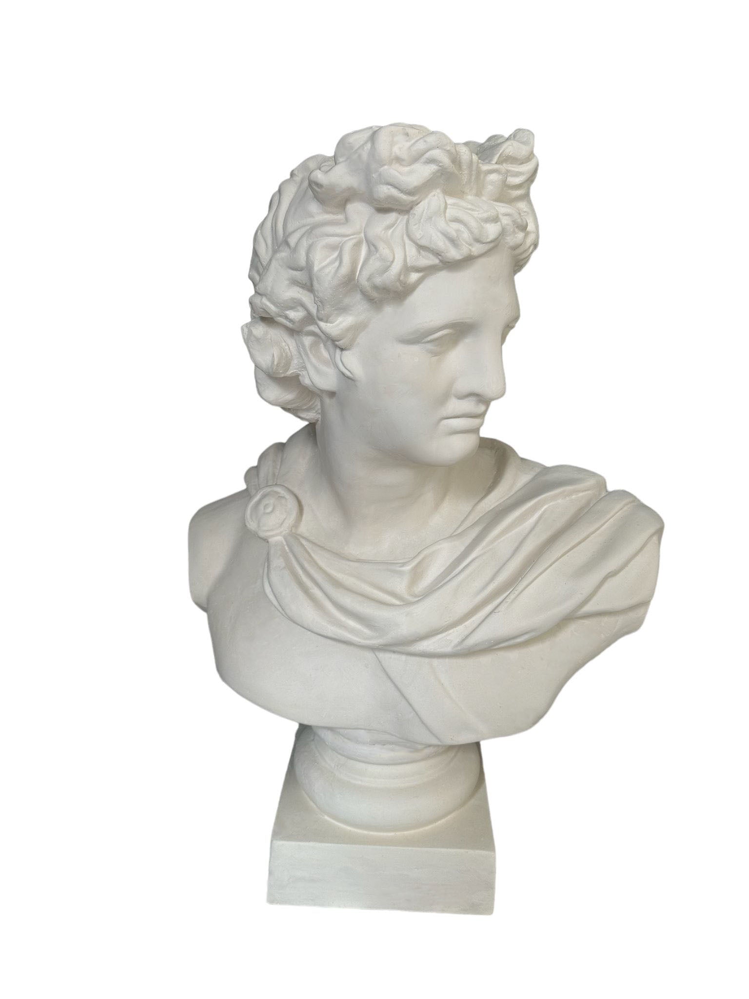White classical male bust sculpture on pedestal decor