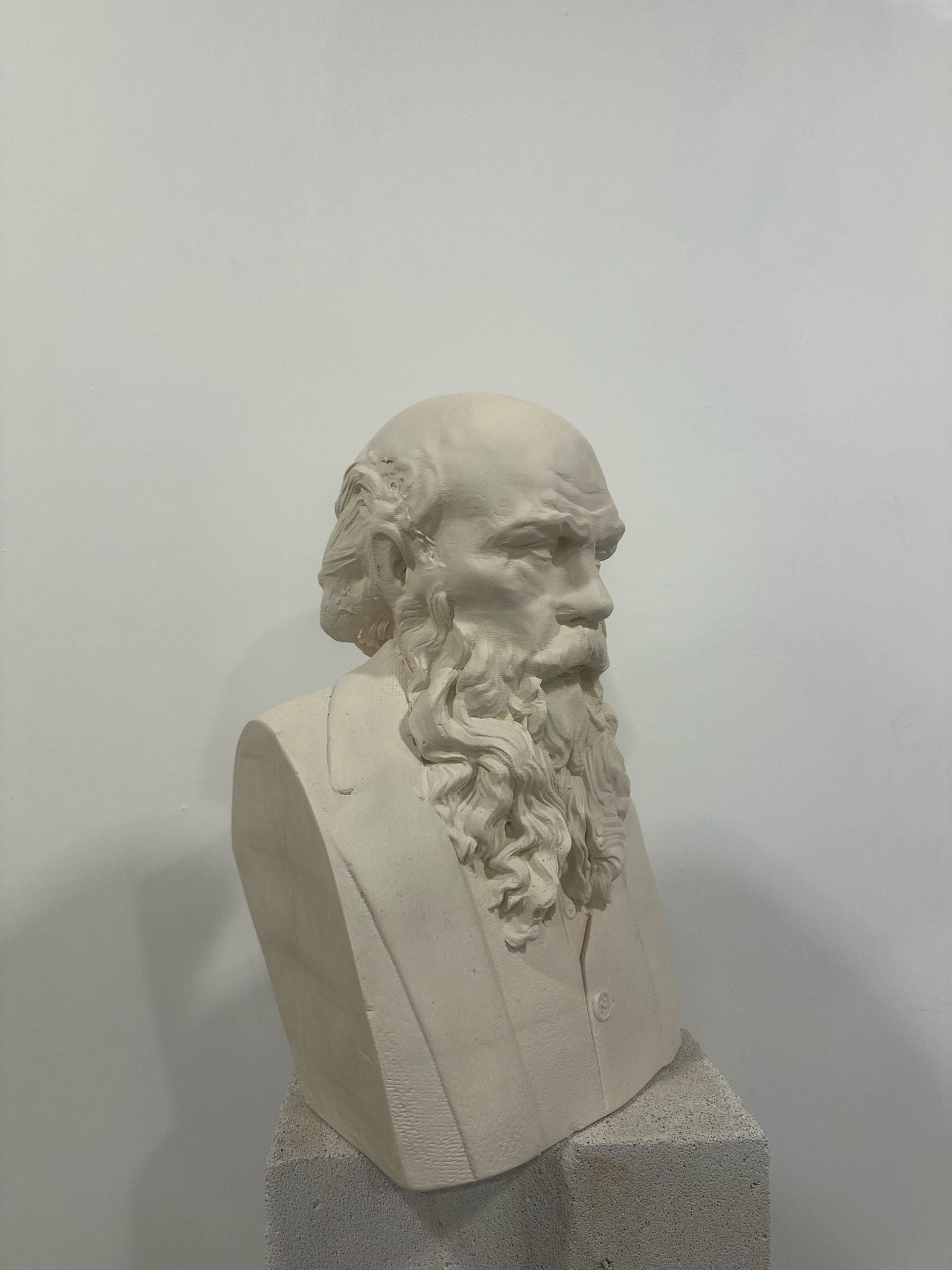 White plaster bust sculpture of a bearded man on concrete pedestal.