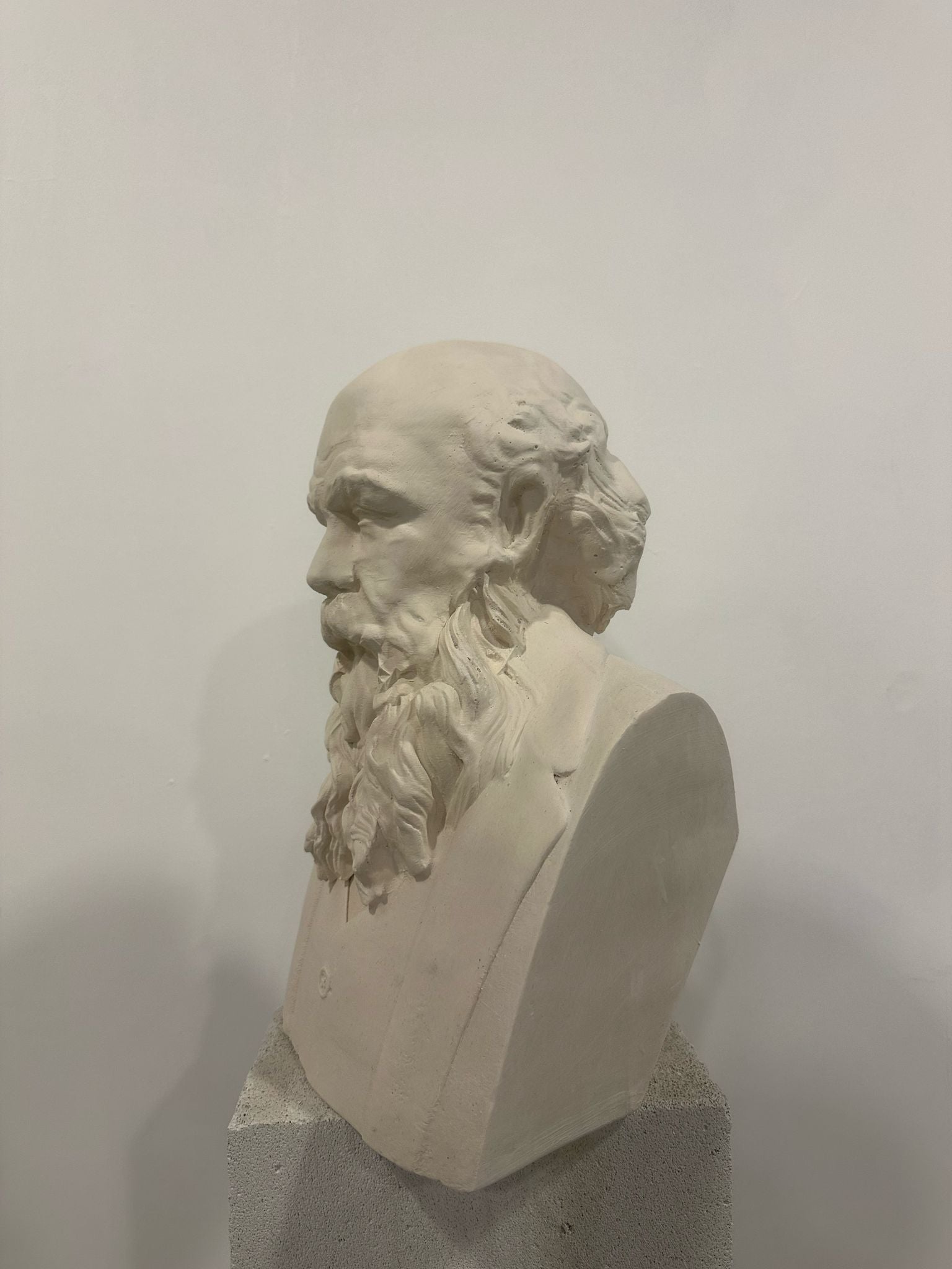 View of white plaster bust sculpture of bearded man on concrete block. 