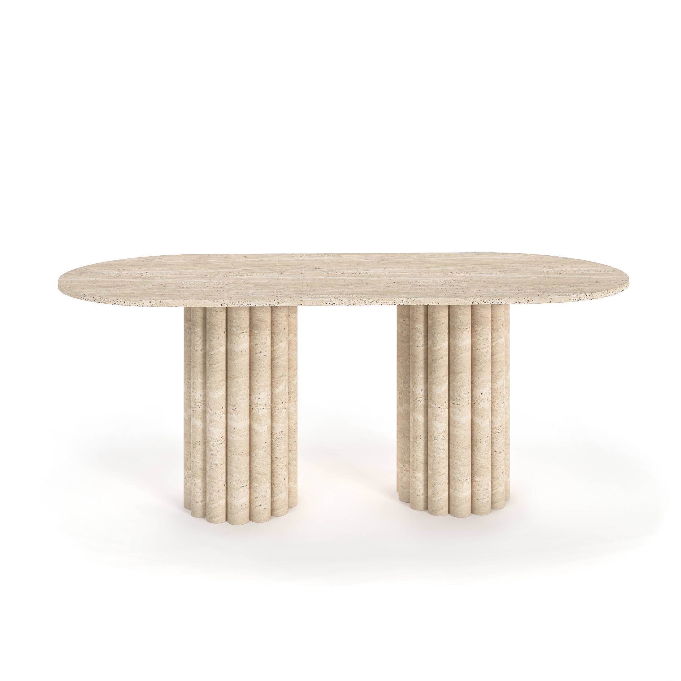 Eirene Double Column Travertine Dining Table: Oval stone table with unique cylindrical base. Modern luxury design for contemporary dining spaces.
