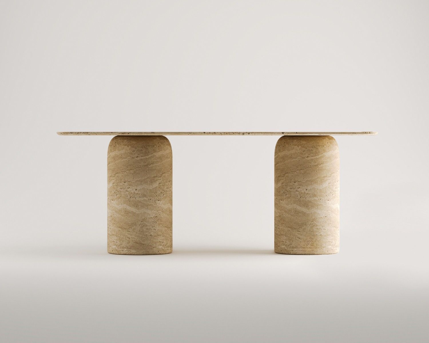 Modern Luzione Olivine travertine dining table with dual marble legs. Minimalist design adds luxury to living room, hallway, or entryway.