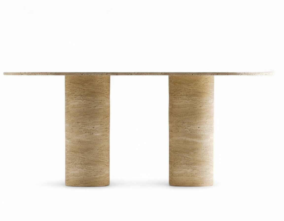 Travertine dining table with two cylindrical bases on white background