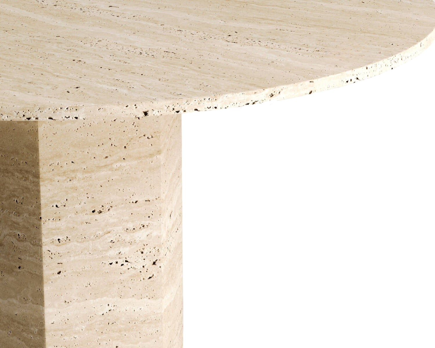 Luzione Elpis Travertine Dining Table: Round natural stone top, geometric base. Modern, durable furniture for dining or accent.