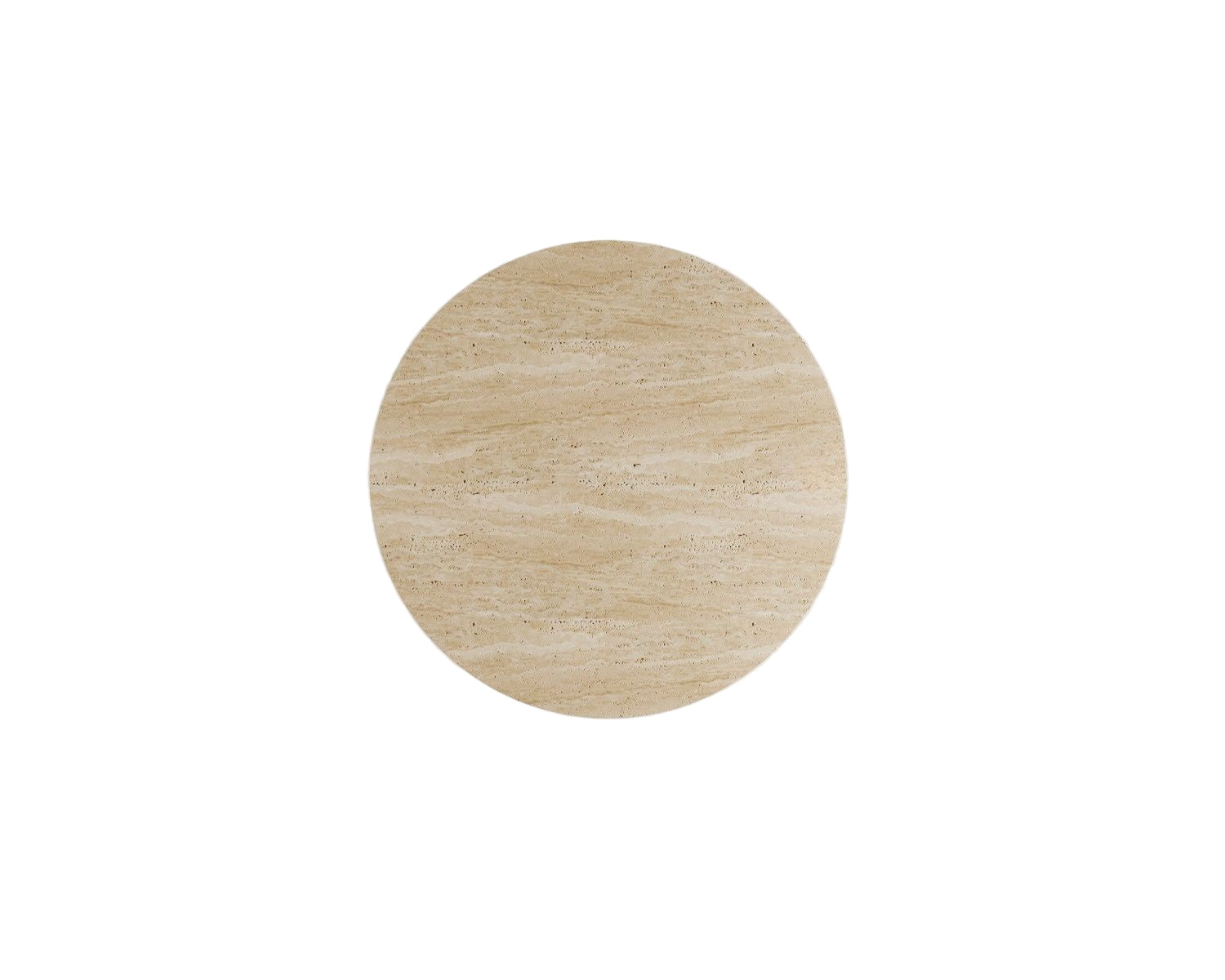 Top-down view of the Bhūmi Single Cylinder Base Round Travertine Dining Table by Luzione. Modern minimalist design showcasing natural stone patterns