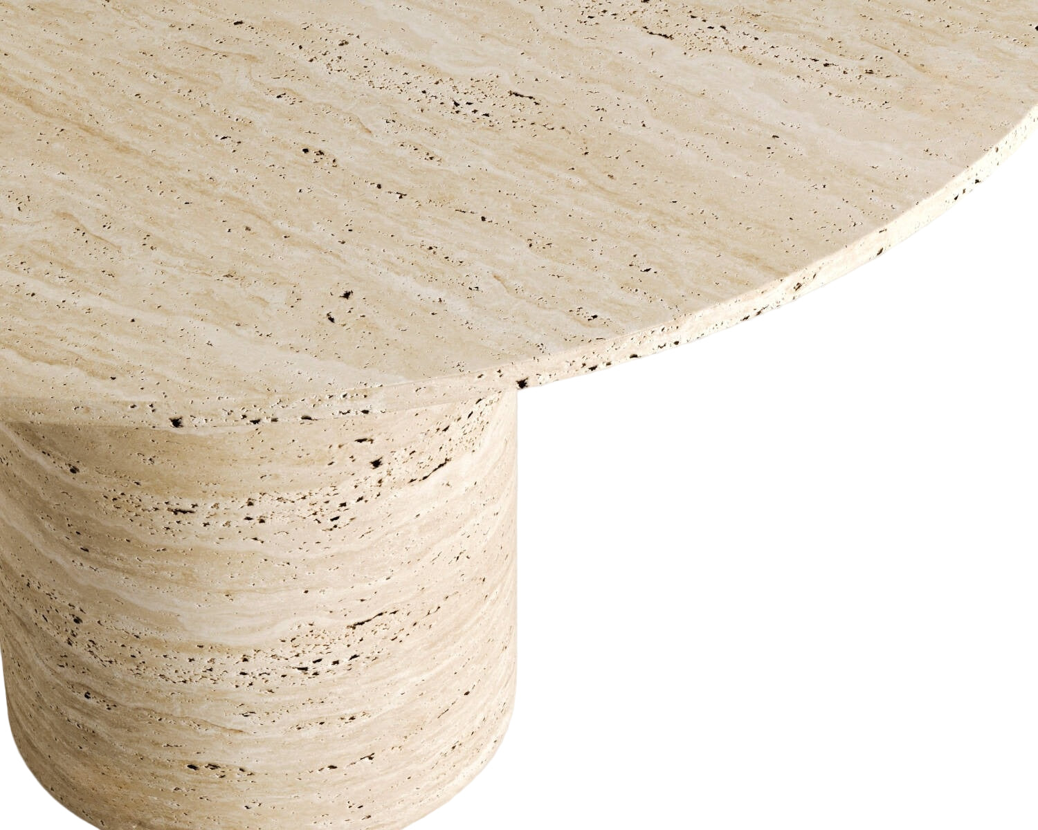Close-up of the Luzione Bhūmi travertine side table. Features a round top and cylindrical base, perfect for modern living rooms or bedrooms.
