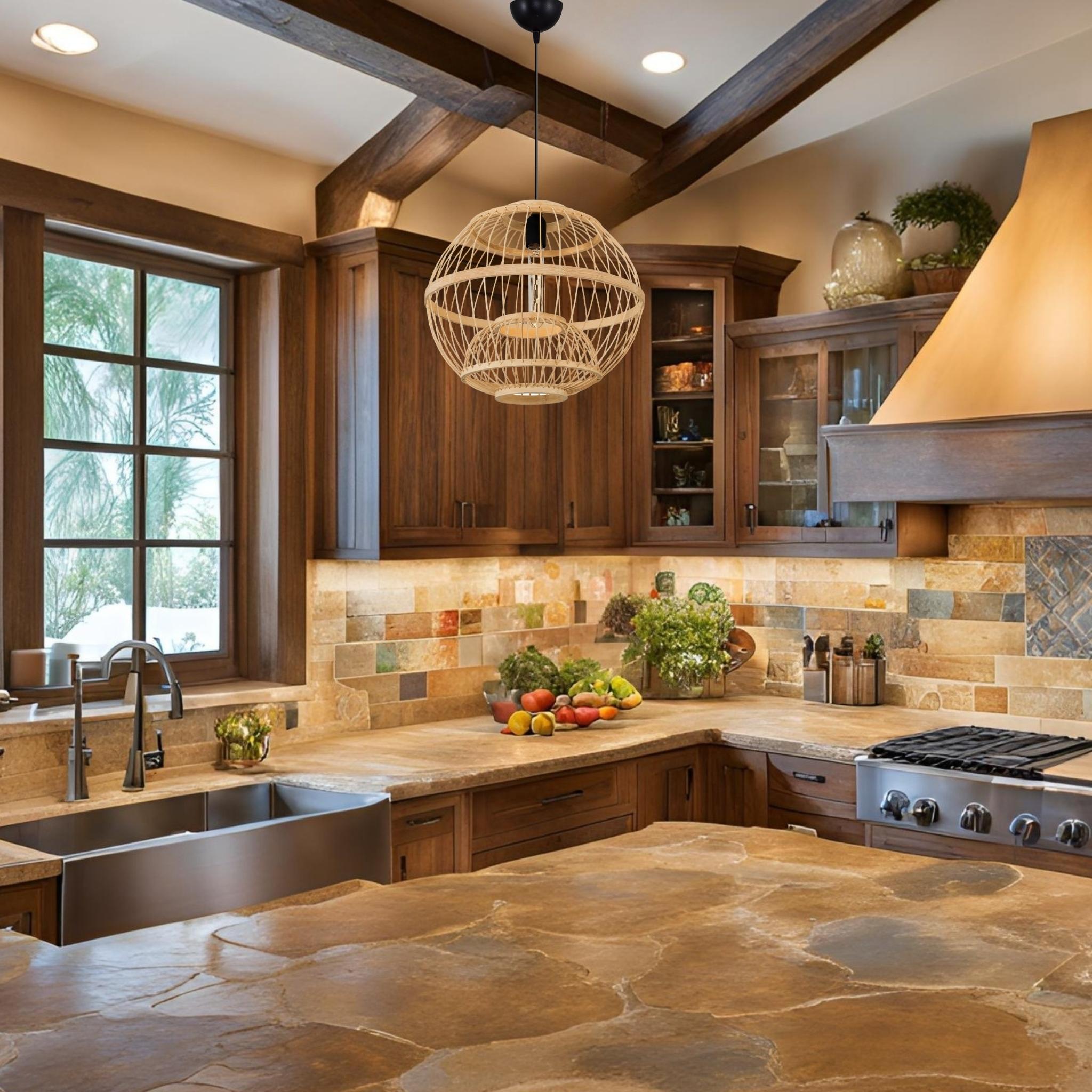 Rustic kitchen with woven rattan pendant light over stone countertop island