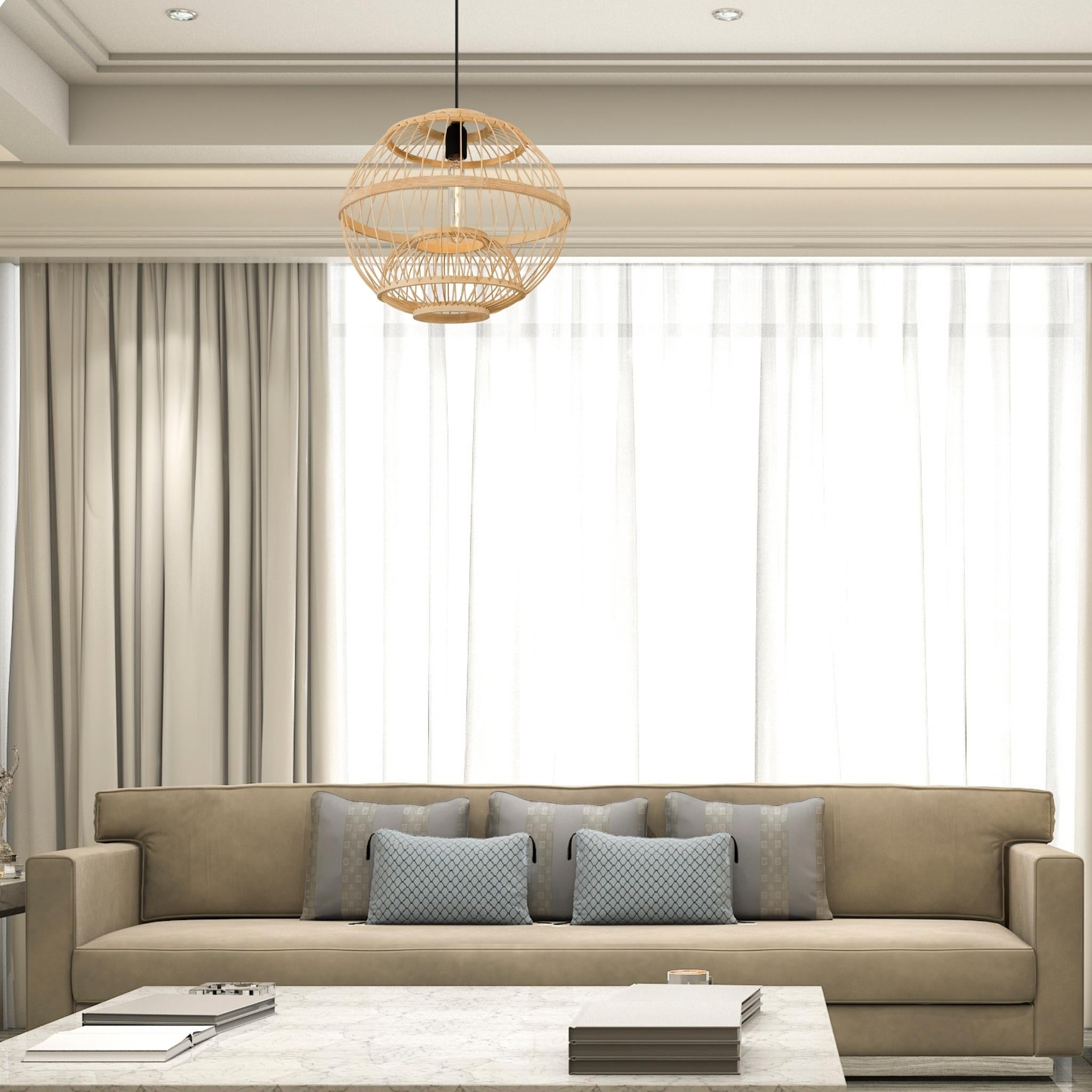 Living room view with beige sofa, marble table, rattan lighting fixture