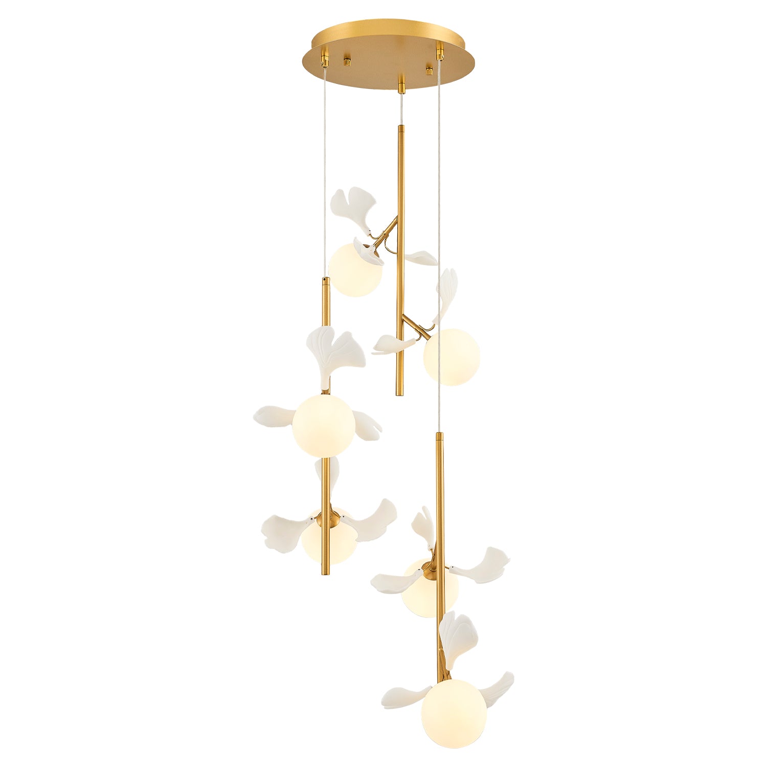 Modern ceiling light fixture with gold frame and white floral-like attachments on a white background
