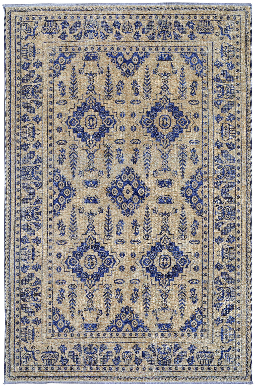 Overhead view of beige and blue patterned area rug with border. 