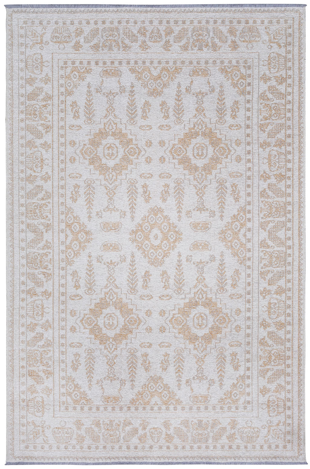 Overhead view of a light gray and beige patterned area rug