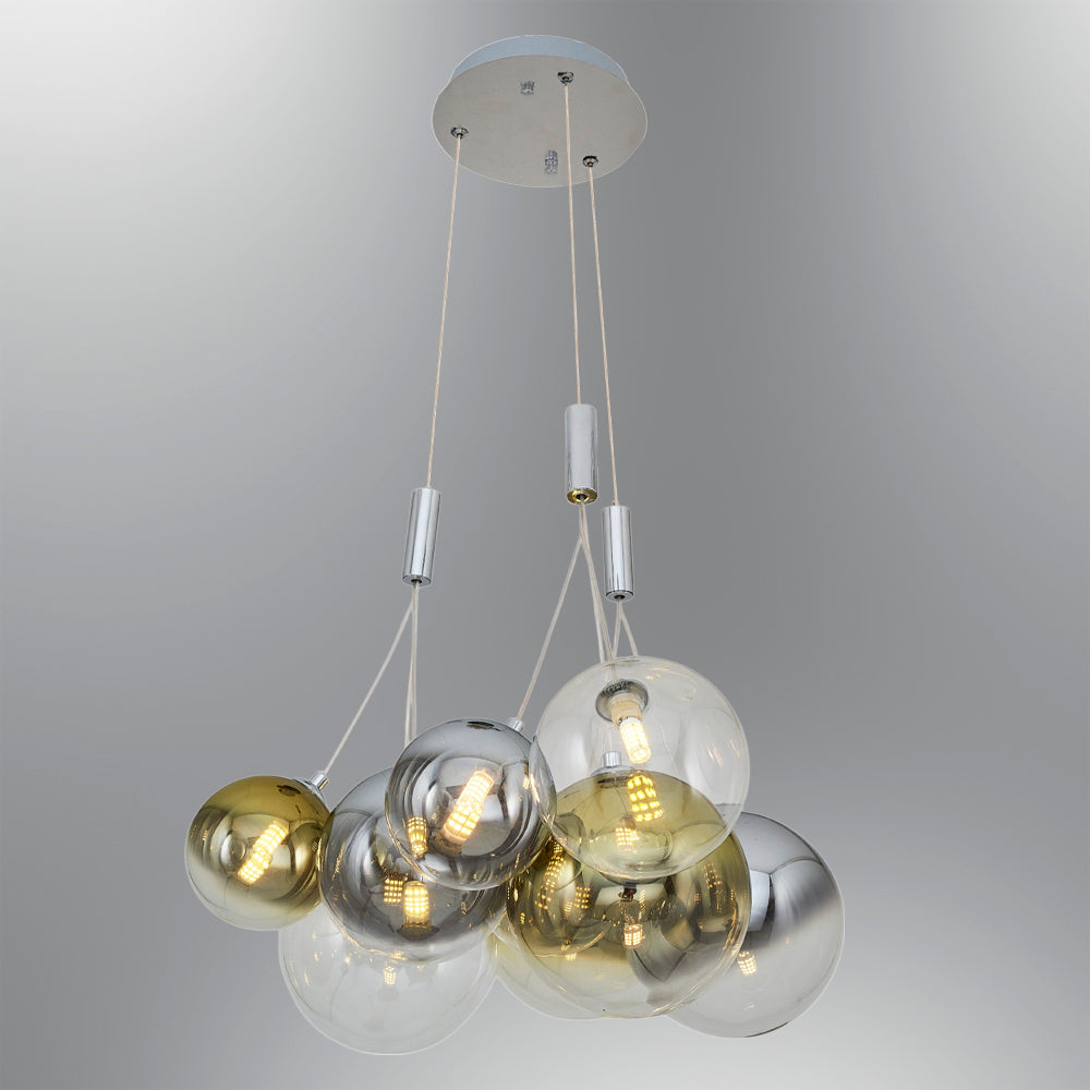Chrome and gold glass sphere cluster pendant lighting fixture