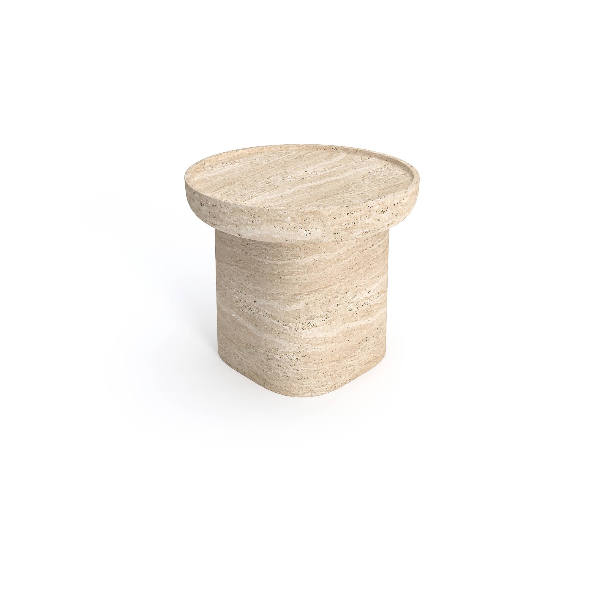 Minimalist Luzione travertine side table with round top and cylindrical base. Natural stone texture, contemporary design for living room or bedroom