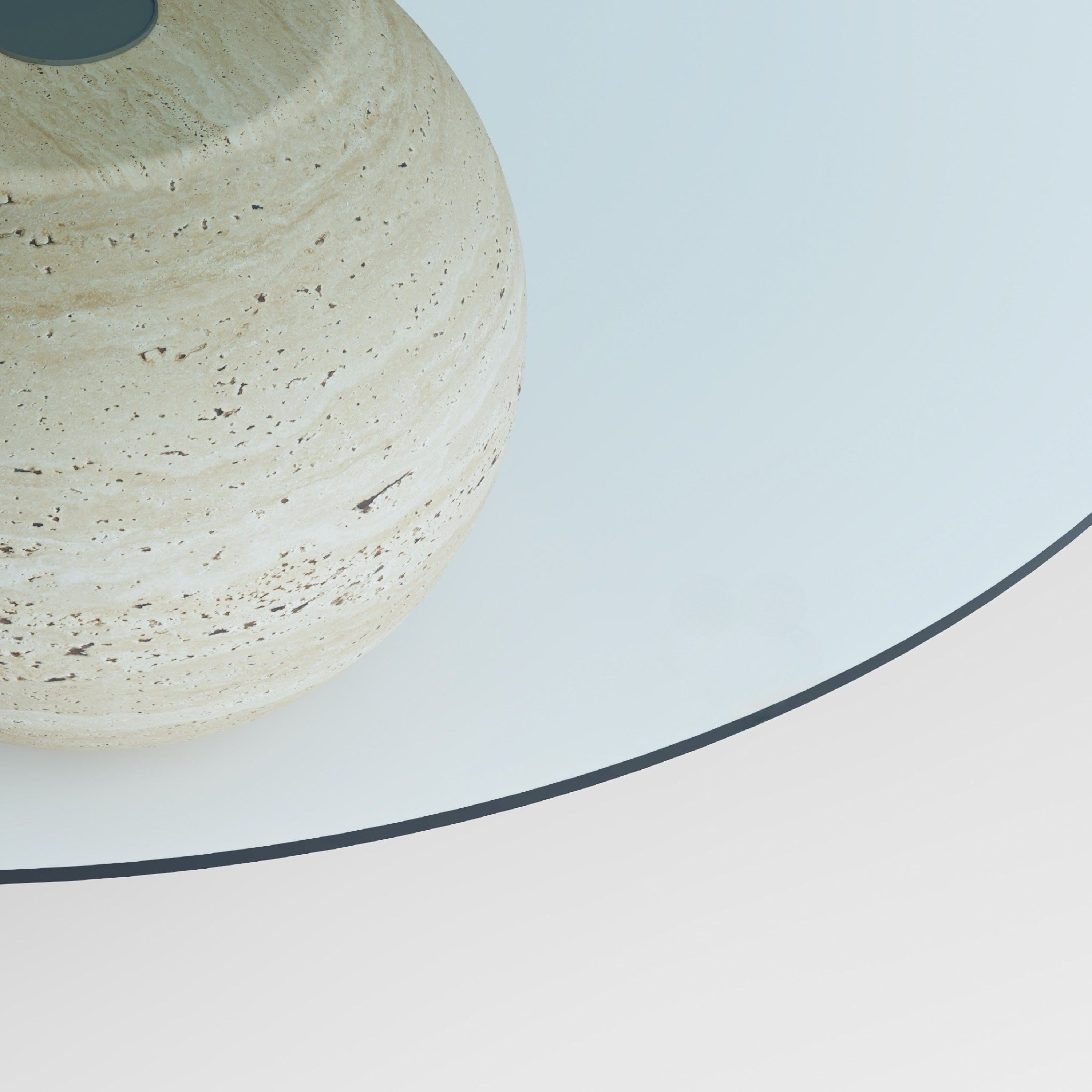 Top-down view of the Luzione round glass coffee table with a light blue top and wooden base. Modern accent table for stylish home decor