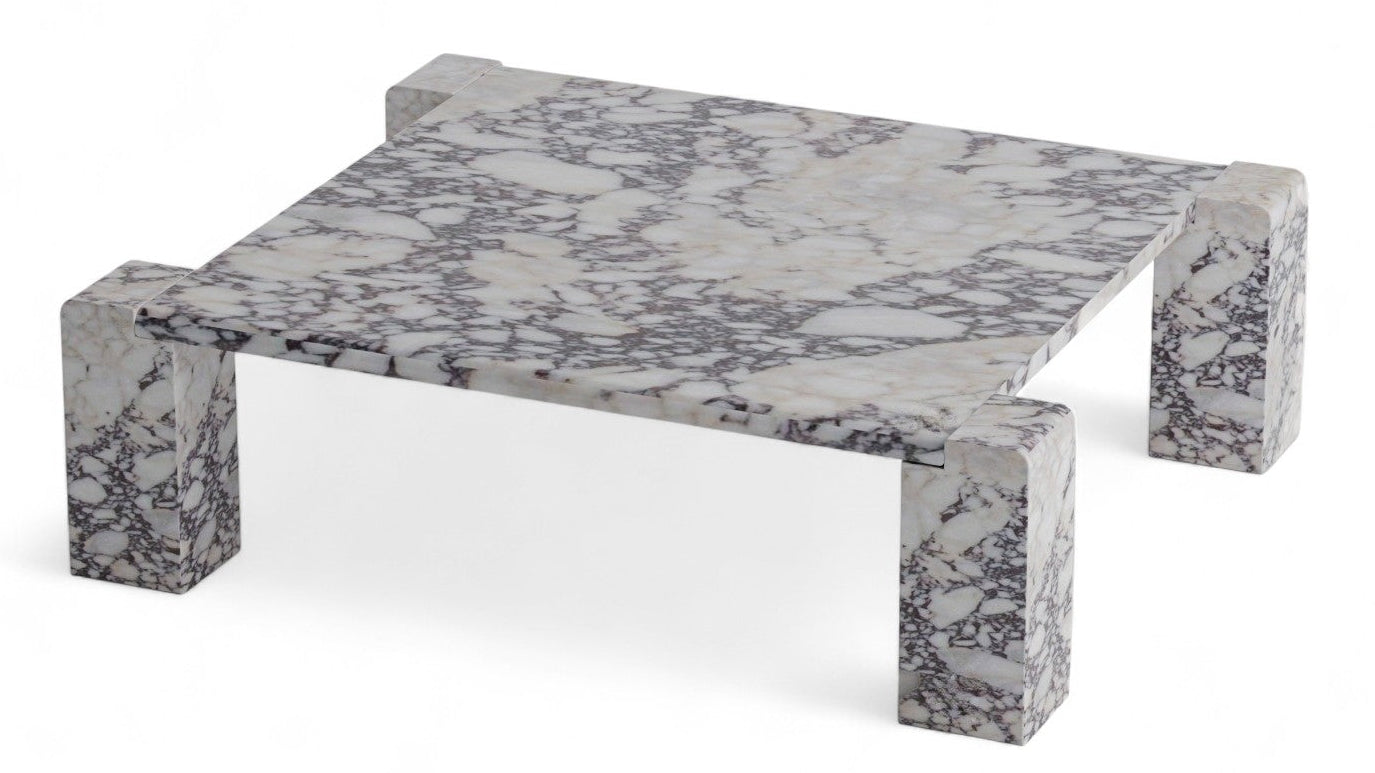 Square marble coffee table with purple and white veining