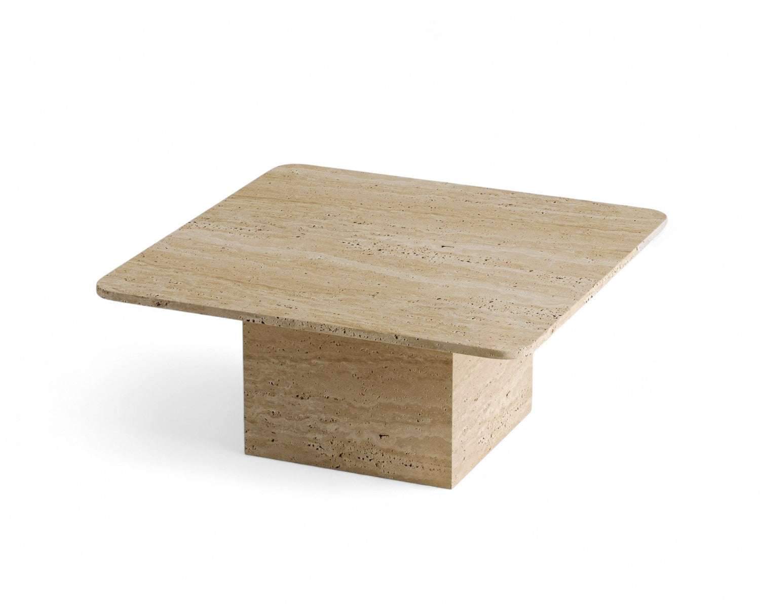 Square beige travertine coffee table on white background